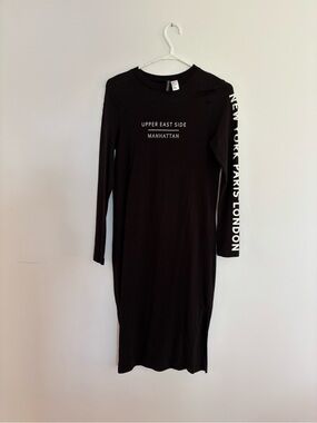 H&M Black Long-Sleeve Graphic Midi Dress with White Sleeve Text